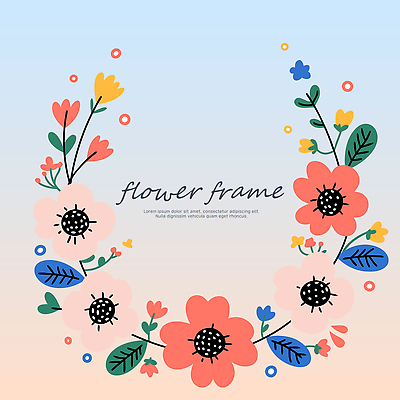 분홍색 하늘색 잎 일러스트 사람없음 그라데이션 꽃프레임 리스장식 국내일러스트 AI파일 식물 꽃 컬러 프레임 장식 파란색 파일형식 벡터