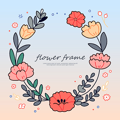 분홍색 하늘색 잎 일러스트 사람없음 그라데이션 원형프레임 꽃프레임 리스장식 국내일러스트 AI파일 식물 꽃 컬러 프레임 장식 파란색 원형 파일형식 벡터