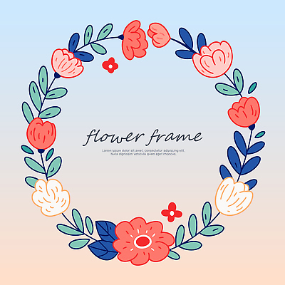 분홍색 하늘색 잎 일러스트 사람없음 그라데이션 원형프레임 꽃프레임 리스장식 국내일러스트 AI파일 식물 꽃 컬러 프레임 장식 파란색 원형 파일형식 벡터