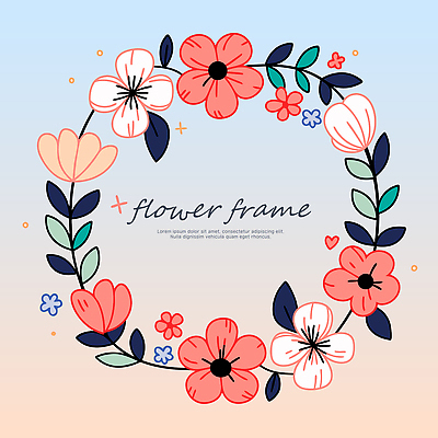 분홍색 하늘색 잎 일러스트 사람없음 반짝임 그라데이션 원형프레임 꽃프레임 리스장식 국내일러스트 AI파일 식물 꽃 컬러 모션 프레임 장식 파란색 원형 파일형식 벡터