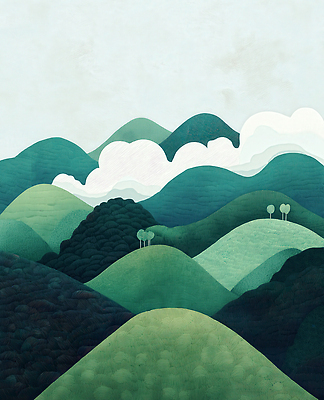 JPG 나무 구름 일러스트 자연 하늘 풍경 사람없음 초록색 드넓은 산맥 국내일러스트 AI일러스트 AI콘텐츠 자연요소 식물 컬러 산 생태계 파일형식