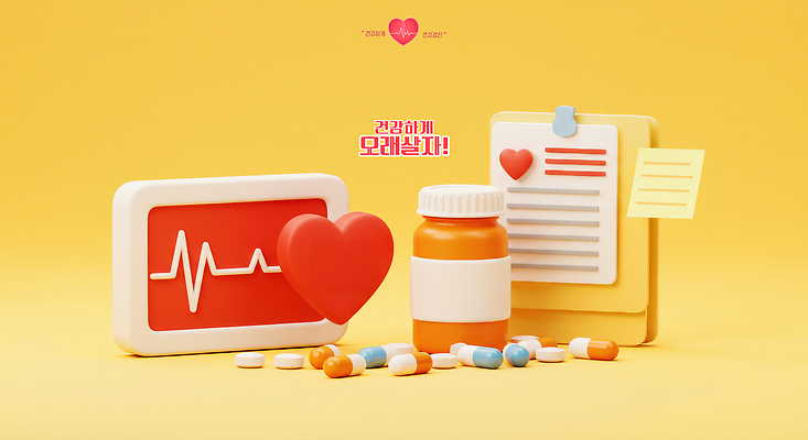 PSD 편집이미지 의학 건강 사람없음 알약 노란색 3D 하트 메모지 맥박 약병 건강검진 서류판 편집3D 모양 컬러 약 사무용품 디지털합성 검사_조사 병_담는 파일형식