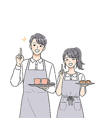 여자 남자 빵 일러스트 쟁반 미소 들기 상반신 성인 두명 앞치마 카페 머그컵 가리킴 아르바이트 성인만 일러캐릭터 AI파일 캐릭터 음식 모션 표정 사람 손짓 컵 상점 파일형식 벡터