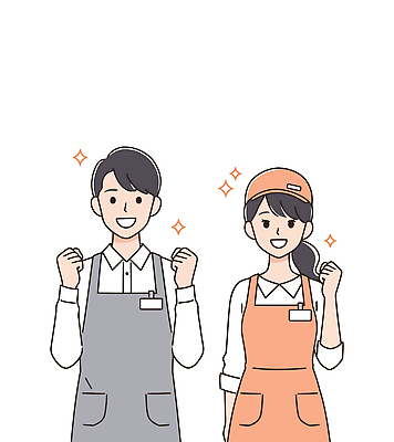 모자 여자 남자 일러스트 미소 상반신 성인 두명 반짝임 손들기 파이팅 앞치마 주먹 아르바이트 성인만 일러캐릭터 AI파일 캐릭터 잡화 모션 표정 사람 파일형식 벡터