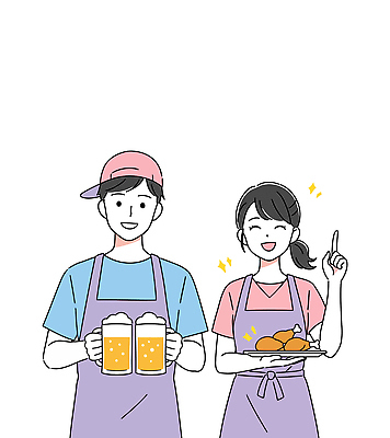 모자 접시 여자 남자 일러스트 미소 들기 상반신 성인 두명 반짝임 앞치마 가리킴 맥주잔 아르바이트 치킨집 성인만 치맥 일러캐릭터 AI파일 캐릭터 식기 잡화 술잔 모션 맥주 표정 사람 손짓 상점 치킨 파일형식 벡터
