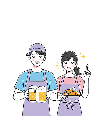 모자 접시 여자 남자 일러스트 미소 들기 상반신 성인 두명 반짝임 앞치마 가리킴 맥주잔 아르바이트 치킨집 성인만 치맥 일러캐릭터 AI파일 캐릭터 식기 잡화 술잔 모션 맥주 표정 사람 손짓 상점 치킨 파일형식 벡터