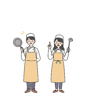 전신 여자 남자 일러스트 요리사모자 미소 들기 성인 두명 앞치마 가리킴 조리복 국자 뒷짐 아르바이트 전기프라이팬 성인만 일러캐릭터 AI파일 캐릭터 모자_잡화 유니폼 모션 주방용품 표정 사람 손짓 요리사 프라이팬 파일형식 벡터