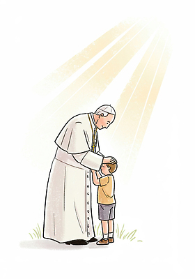 전신 PSD 할아버지 노년 남자 어린이 십자가 일러스트 서기 소년 두명 빛 천주교 흰색 기도 풀잎 축복 교황 세례 신부복 남자만 국내일러스트 종교 컬러 컨셉 잎 모션 사람 성인 풀_식물 파일형식