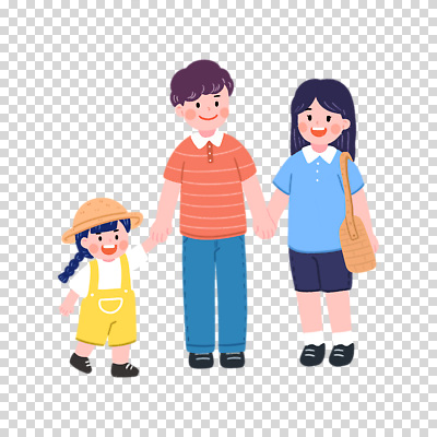 전신 편집이미지 여자 남자 어린이 가방 가족 미소 누끼 소녀 성인 세명 손잡기 밀짚모자 PNG 모자_잡화 잡화 관계 모션 표정 사람 파일형식