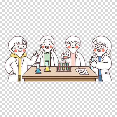 편집이미지 여자 남자 어린이 과학 고글 실험 미소 들기 누끼 소녀 소년 여러명 상반신 가리킴 실험복 책상 시험관 삼각플라스크 PNG 어린이만 안경낌 안경 가구 다수 모션 표정 실험기구 사람 손짓 가운 플라스크 파일형식