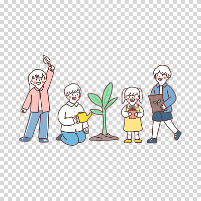 전신 편집이미지 여자 남자 어린이 잎 미소 들기 누끼 소녀 소년 여러명 새싹 흙 물뿌리개 무릎꿇기 모종삽 포대 PNG 어린이만 식물 다수 모션 표정 사람 삽 파일형식
