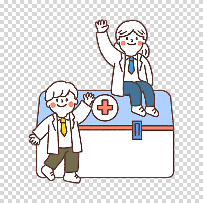 전신 편집이미지 여자 남자 미소 누끼 앉기 성인 두명 손들기 의사가운 구급상자 손인사 PNG 성인만 모션 표정 사람 의사 인사 의료용품 가운 파일형식
