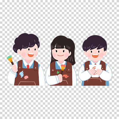 편집이미지 여자 남자 교복 청소년 미소 들기 누끼 상반신 세명 앞치마 붓 얼룩 미술교육 PNG 십대만 옷 교육 모션 표정 미술 사람 파일형식