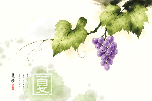 PSD 잎 일러스트 포도 수묵화 사람없음 초록색 여름 번짐 인장 국내일러스트 식물 계절 컬러 과일 미술 파일형식 효과
