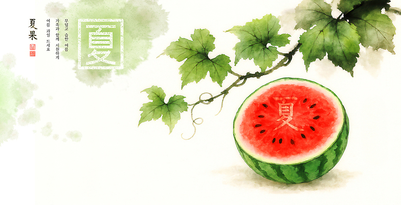 PSD 잎 일러스트 단면 수박 수묵화 사람없음 초록색 여름 덩굴 번짐 인장 국내일러스트 식물 계절 컬러 과일 미술 파일형식 효과