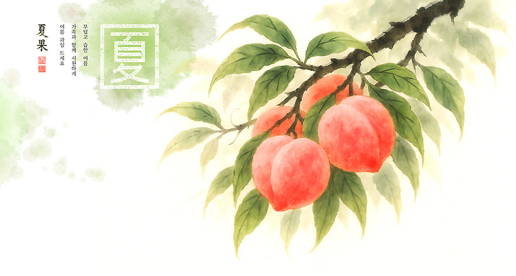 PSD 일러스트 나뭇잎 수묵화 사람없음 초록색 여름 나뭇가지 번짐 복숭아 인장 국내일러스트 나무 계절 컬러 잎 과일 미술 파일형식 효과