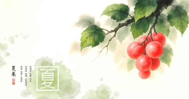 PSD 잎 일러스트 수묵화 사람없음 초록색 여름 번짐 자두 인장 국내일러스트 식물 계절 컬러 과일 미술 파일형식 효과
