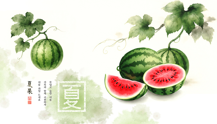 PSD 잎 일러스트 단면 수묵화 사람없음 초록색 여름 덩굴 번짐 수박조각 인장 국내일러스트 식물 계절 컬러 조각 수박 미술 파일형식 효과