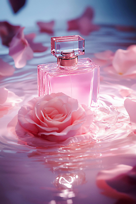 JPG 편집이미지 꽃잎 분홍색 사람없음 물 빛 장미 수면 고급 향수 감성 물결파장 향수병 편집실사 AI포토 AI콘텐츠 자연요소 꽃 물결 컬러 컨셉 화장품 CG 병_담는 파일형식