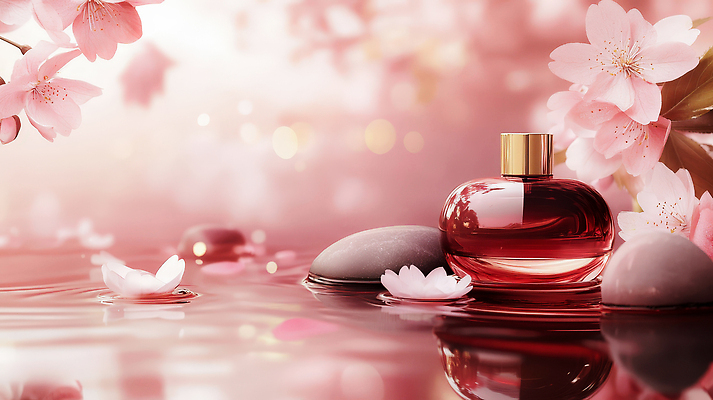 JPG 편집이미지 꽃잎 분홍색 사람없음 반사 봄 벚꽃 돌_바위 수면 고급 향수 보케 광택 감성 향수병 편집실사 AI포토 AI콘텐츠 계절 꽃 컬러 컨셉 물 화장품 CG 병_담는 파일형식