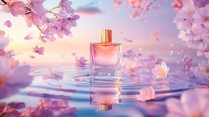 JPG 편집이미지 꽃잎 분홍색 사람없음 햇빛 반사 봄 벚꽃 수면 고급 떨어짐 향수 감성 물결파장 향수병 편집실사 AI포토 AI콘텐츠 계절 꽃 물결 컬러 컨셉 물 태양 화장품 CG 병_담는 파일형식