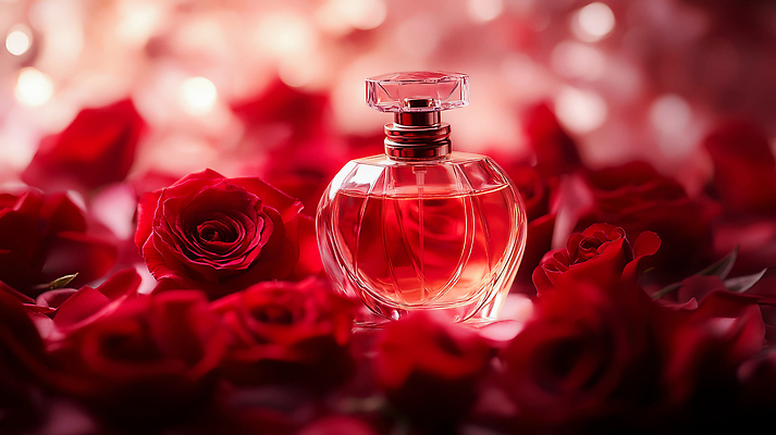 JPG 편집이미지 사람없음 빨간색 장미 고급 향수 보케 감성 향수병 편집실사 AI포토 AI콘텐츠 꽃 컬러 컨셉 화장품 CG 병_담는 파일형식