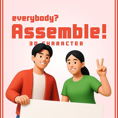 PSD 편집이미지 여자 남자 분홍색 미소 들기 상반신 성인 두명 컬러풀 3D 팻말 브이 성인만 편집3D 컬러 모션 프레임 표정 사람 손짓 디지털합성 파일형식