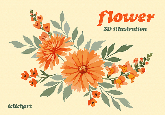 꽃 포스터 잎 일러스트 사람없음 주황색 국내일러스트 AI파일 식물 컬러 파일형식 벡터