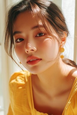 JPG 편집이미지 여자 한명 근접촬영 상반신 성인 햇빛 뷰티 노란색 귀걸이 창가 뷰티풀 상큼발랄 의료성형뷰티 성인여자한명만 편집실사 AI인물포토 AI콘텐츠 1 뷰포인트 컬러 장신구 창문 사람 태양 CG 여자한명만 성인여자만 파일형식 AI포토