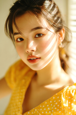 JPG 편집이미지 여자 한명 근접촬영 상반신 성인 햇빛 뷰티 노란색 블라인드 창가 뷰티풀 상큼발랄 의료성형뷰티 성인여자한명만 편집실사 AI인물포토 AI콘텐츠 1 뷰포인트 컬러 창문 사람 태양 커튼 CG 여자한명만 성인여자만 파일형식 AI포토