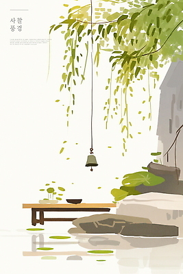 PSD 한국전통 불교 벤치 일러스트 자연 풍경 사람없음 초록색 여름 고요 부처님오신날 바위 연못 사찰 풀잎 동양화 명상 힐링 풍경종 국내일러스트 전통 계절 기념일 종교 컬러 잎 의자 종교건축 한국 미술 종 돌_바위 풀_식물 생태계 파일형식