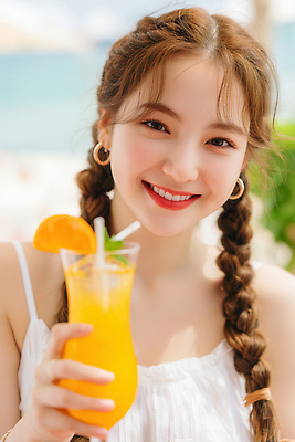 JPG 편집이미지 여자 음료 여행 양갈래머리 빨대 한명 미소 들기 상반신 성인 장식 여름휴가 오렌지주스 휴양지 오렌지에이드 의료성형뷰티 성인여자한명만 편집실사 AI인물포토 AI콘텐츠 1 헤어스타일 모션 휴가 표정 사람 장소 과일주스 CG 에이드 여자한명만 성인여자만 파일형식 여름_계절 AI포토