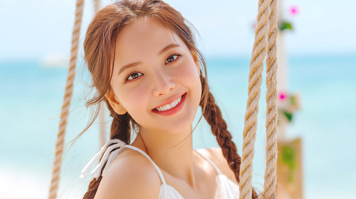 JPG 편집이미지 여자 여행 양갈래머리 한명 미소 상반신 성인 해변 여름휴가 햇빛 그네 휴양지 의료성형뷰티 성인여자한명만 편집실사 AI인물포토 AI콘텐츠 1 헤어스타일 바다 휴가 표정 사람 태양 장소 CG 여자한명만 성인여자만 파일형식 여름_계절 AI포토