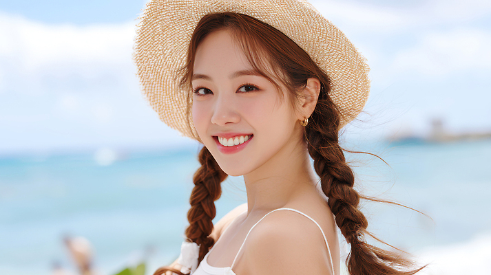 JPG 편집이미지 여자 여행 양갈래머리 한명 미소 상반신 성인 해변 여름휴가 휴양지 밀짚모자 의료성형뷰티 성인여자한명만 편집실사 AI인물포토 AI콘텐츠 모자_잡화 1 헤어스타일 바다 휴가 표정 사람 장소 CG 여자한명만 성인여자만 파일형식 여름_계절 AI포토