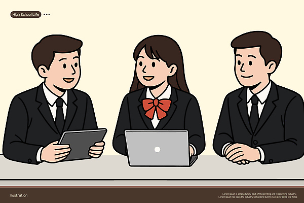 여자 남자 교복 일러스트 청소년 고등학생 대화 미소 앉기 상반신 세명 노트북 태블릿 스쿨라이프 십대만 일러캐릭터 AI파일 캐릭터 학생 라이프스타일 옷 학교 모션 표정 말하기 사람 전자제품 스마트기기 파일형식 벡터