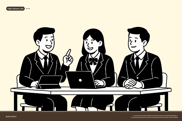 여자 남자 교복 의자 일러스트 청소년 고등학생 대화 미소 앉기 세명 노트북 태블릿 스쿨라이프 가리킴 책상 십대만 일러캐릭터 AI파일 캐릭터 학생 라이프스타일 옷 가구 학교 모션 표정 말하기 사람 손짓 전자제품 스마트기기 파일형식 벡터