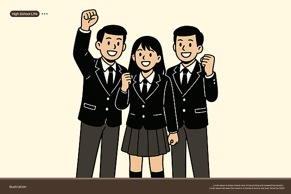 여자 남자 교복 일러스트 청소년 고등학생 미소 세명 스쿨라이프 손들기 파이팅 주먹 십대만 일러캐릭터 AI파일 캐릭터 학생 라이프스타일 옷 학교 모션 표정 사람 파일형식 벡터