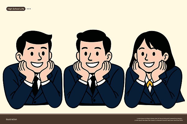 여자 남자 교복 일러스트 청소년 고등학생 미소 상반신 세명 친구 스쿨라이프 턱괴기 십대만 일러캐릭터 AI파일 캐릭터 학생 라이프스타일 옷 학교 관계 모션 표정 사람 파일형식 벡터