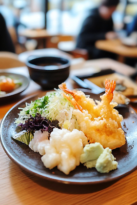 JPG 편집이미지 접시 실루엣 식탁 요리 사람없음 주방 고추냉이 새우튀김 덴푸라 양배추샐러드 일식집 바삭바삭 맛있는 편집실사 AI포토 AI콘텐츠 식기 컨셉 탁자 새우 촬영기법 식당 샐러드 튀김 양념 CG 일본음식 파일형식