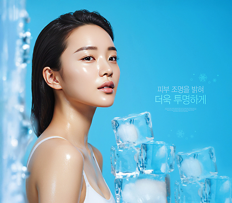 PSD 편집이미지 여자 한명 상반신 성인 물 여름 파란색 뷰티 얼음 촉촉함 시원함 피부 의료성형뷰티 성인여자한명만 이미지편집 자연요소 1 계절 컬러 사람 신체부위 젖음 여자한명만 성인여자만 파일형식