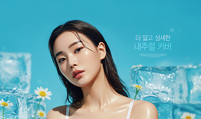 PSD 편집이미지 여자 한명 상반신 성인 여름 파란색 뷰티 얼음 촉촉함 시원함 피부 데이지 의료성형뷰티 성인여자한명만 이미지편집 자연요소 1 계절 꽃 컬러 사람 신체부위 젖음 여자한명만 성인여자만 파일형식
