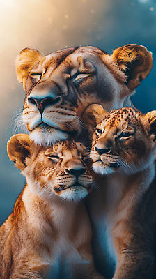 JPG 편집이미지 새끼 자연 따뜻함 세마리 사랑 사람없음 평화 귀여움 눈감음 일몰 모성애 교감 동물가족 사바나 암사자 유대감 옹기종기 편집실사 AI포토 AI콘텐츠 동물 감정 컨셉 가족 모션 3 노을 사자 암컷 CG 생태계 파일형식