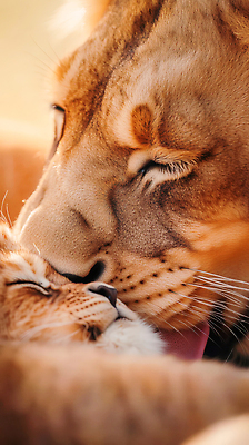 JPG 편집이미지 새끼 자연 따뜻함 사랑 사람없음 햇빛 평화 귀여움 눈감음 주황색 일몰 모성애 교감 동물가족 사바나 암사자 유대감 편집실사 AI포토 AI콘텐츠 동물 감정 컬러 컨셉 가족 모션 태양 노을 사자 암컷 CG 생태계 파일형식