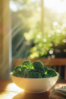 JPG 편집이미지 그릇 음식 채소 식재료 건강 사람없음 초록색 햇빛 신선 풀 브로콜리 나무탁자 베이지색 테이블매트 편집실사 AI포토 AI콘텐츠 식물 식기 컬러 탁자 태양 식탁보 CG 파일형식