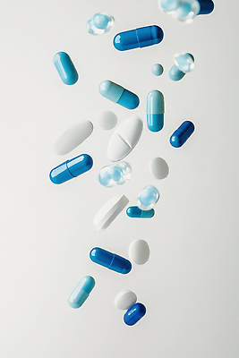 JPG 편집이미지 의학 사람없음 파란색 알약 떨어짐 편집실사 AI포토 AI콘텐츠 컬러 컨셉 약 CG 파일형식