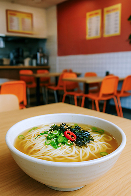 JPG 편집이미지 그릇 의자 탁자 사람없음 식당 주황색 홍고추 메뉴판 쪽파 김가루 잔치국수 편집실사 AI포토 AI콘텐츠 식기 컬러 가구 고추 상점 김_해조류 가루 CG 국수 파 파일형식