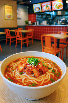 JPG 편집이미지 그릇 의자 식탁 김치 사람없음 식당 주황색 계산대 메뉴판 깨 쪽파 김치우동 나무탁자 맛있는 편집실사 AI포토 AI콘텐츠 식기 한식 컬러 가구 식재료 탁자 상점 조미료 CG 우동 파 파일형식