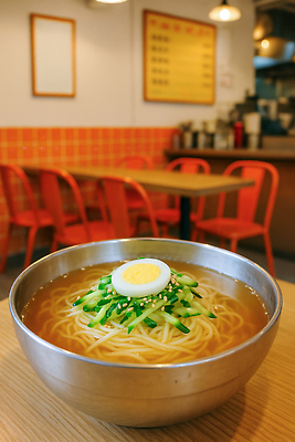 JPG 편집이미지 그릇 탁자 단면 조명 오이 사람없음 식당 주황색 메뉴판 깨 삶은계란 냉국수 채썰기 편집실사 AI포토 AI콘텐츠 식기 컬러 가구 채소 식재료 상점 계란 조미료 계란요리 자르기 CG 국수 파일형식