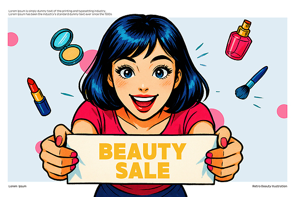 PSD 배너템플릿 여자 종이 일러스트 한명 웃음 들기 성인 파란색 뷰티 세일 립스틱 현수막 향수 복고 파우더 보여주기 카툰스타일 메이크업브러쉬 팩트 성인여자한명만 국내일러스트 템플릿 1 배너 컬러 모션 표정 사람 화장품 붓 여자한명만 성인여자만 파일형식