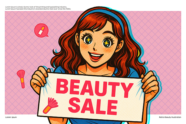 PSD 배너템플릿 여자 종이 분홍색 말풍선 일러스트 한명 웃음 들기 성인 뷰티 세일 립스틱 현수막 머리띠 복고 보여주기 카툰스타일 메이크업브러쉬 성인여자한명만 국내일러스트 템플릿 1 배너 컬러 장신구 모션 표정 사람 화장품 붓 여자한명만 성인여자만 파일형식
